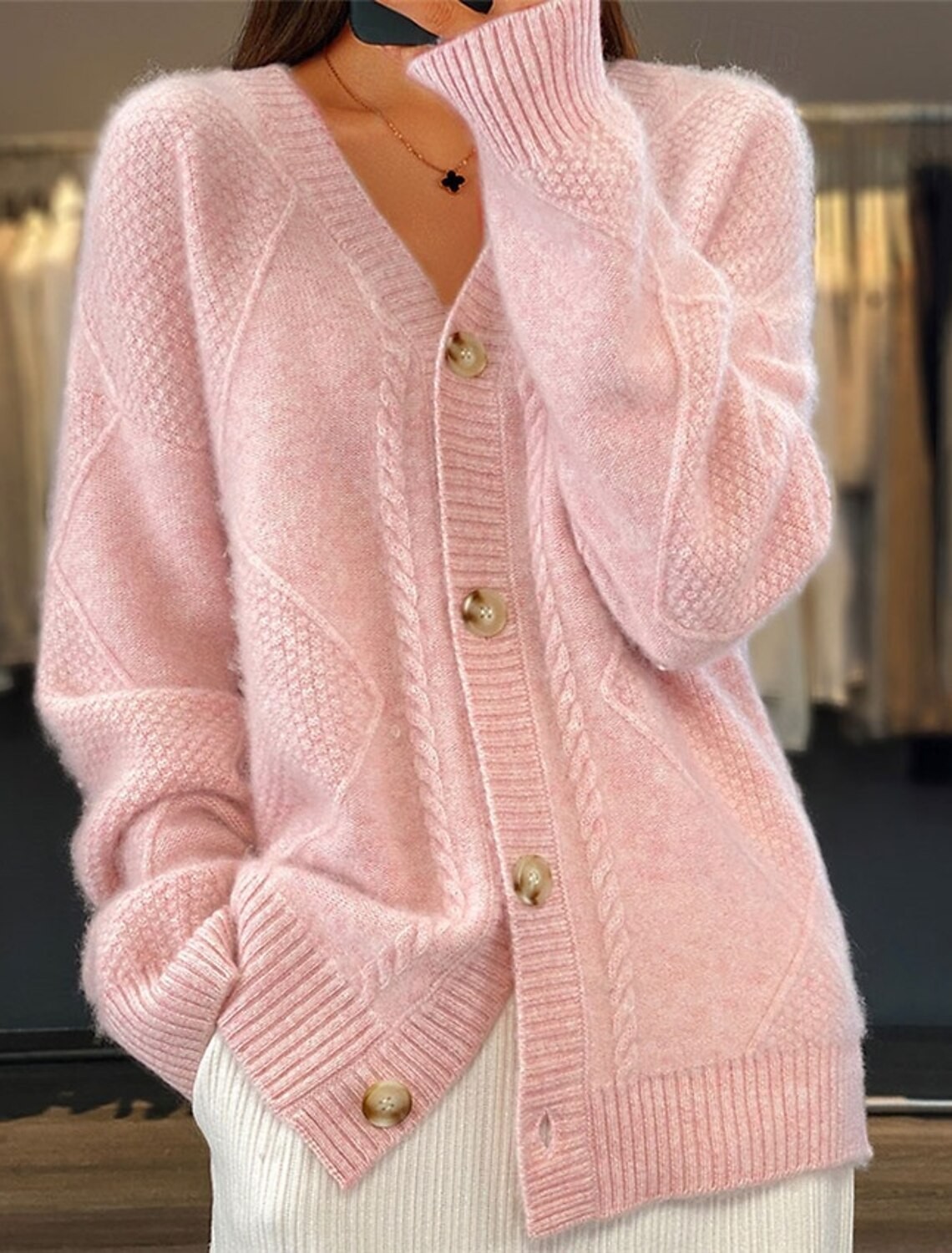 Women V Neck Cable Knit Cardig - Down Jacket Packable avaliação e preço