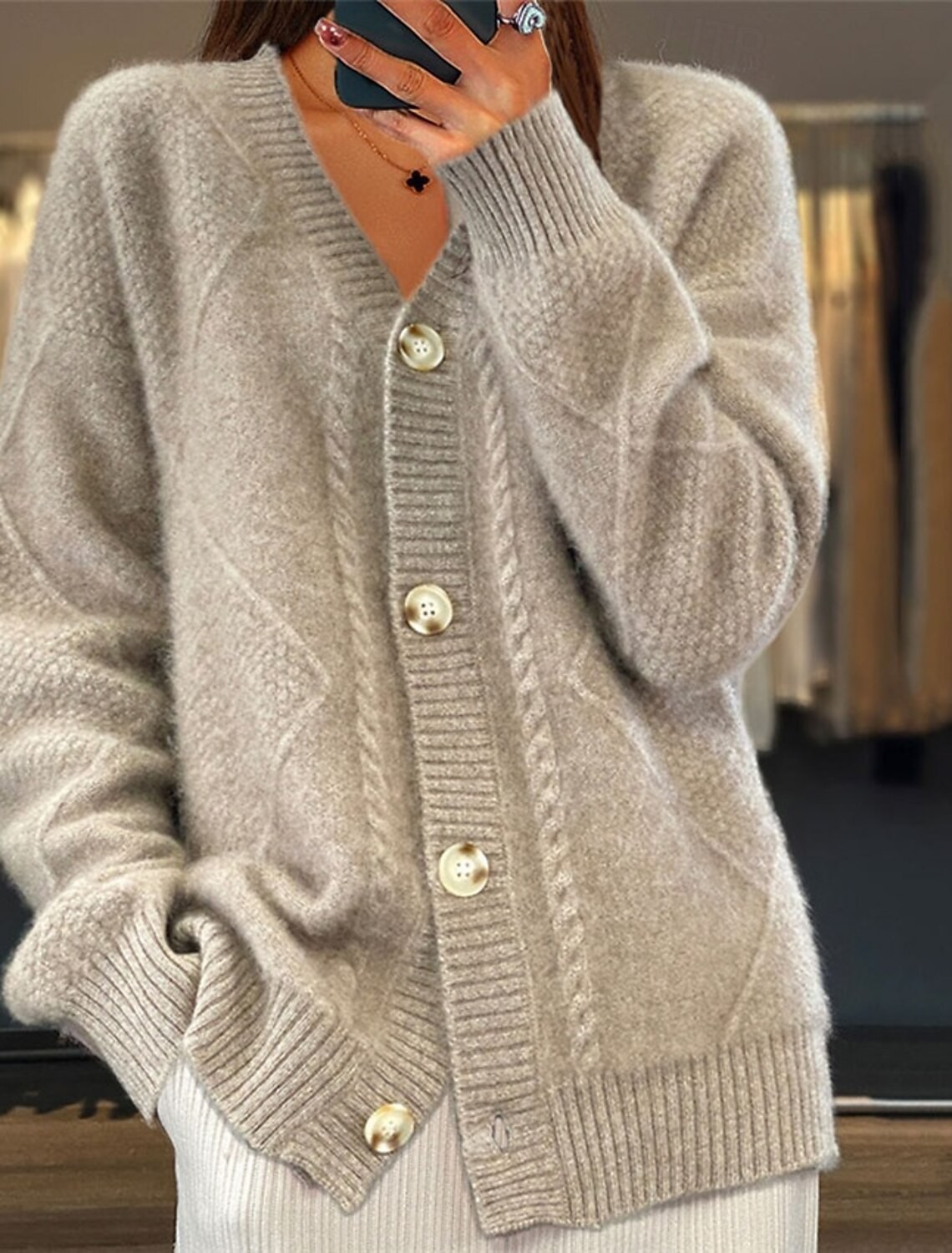 Women V Neck Cable Knit Cardig - Down Jacket Packable avaliação e preço