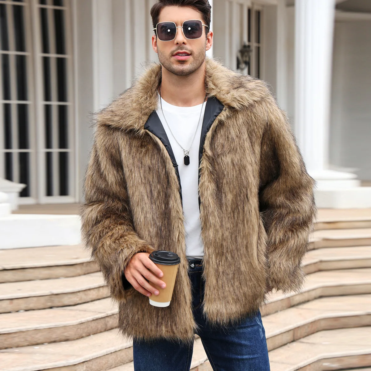 Men Faux Fox Fur Jacket Coat W - Down Jacket Packable avaliação e preço