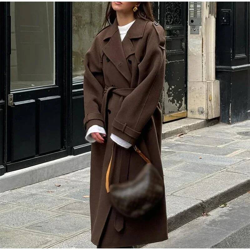 Elegant Grey Belt Long Faux Wo - Wool Coat Peacoat avaliação e preço