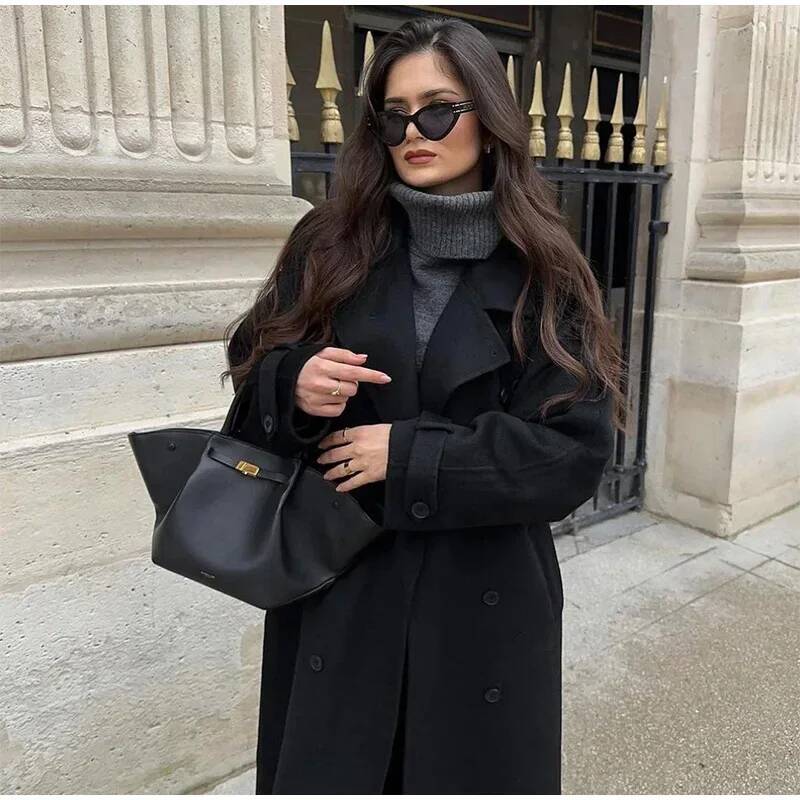 Elegant Grey Belt Long Faux Wo - Wool Coat Peacoat avaliação e preço