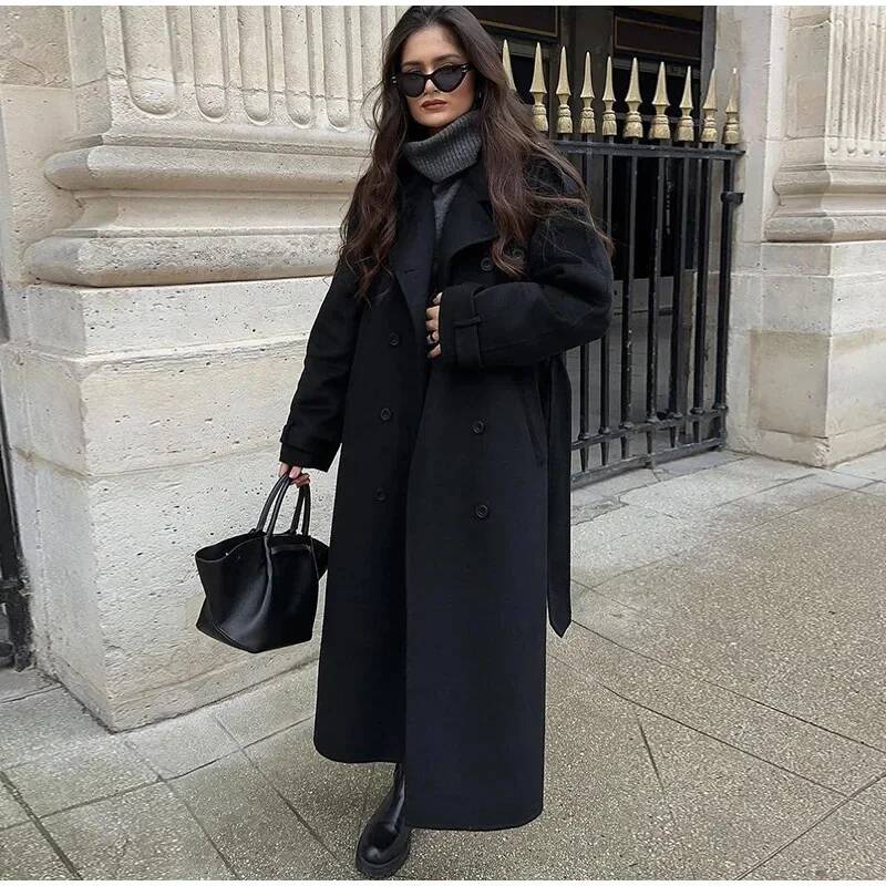 Elegant Grey Belt Long Faux Wo - Wool Coat Peacoat avaliação e preço